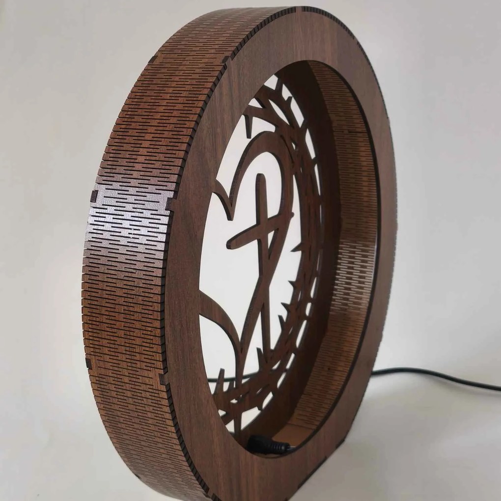 Drevená LED lampa Srdce s krížom a tŕňovou korunou | JEZUE: HDF - Orech 20 cm 4779-115090 LED0600