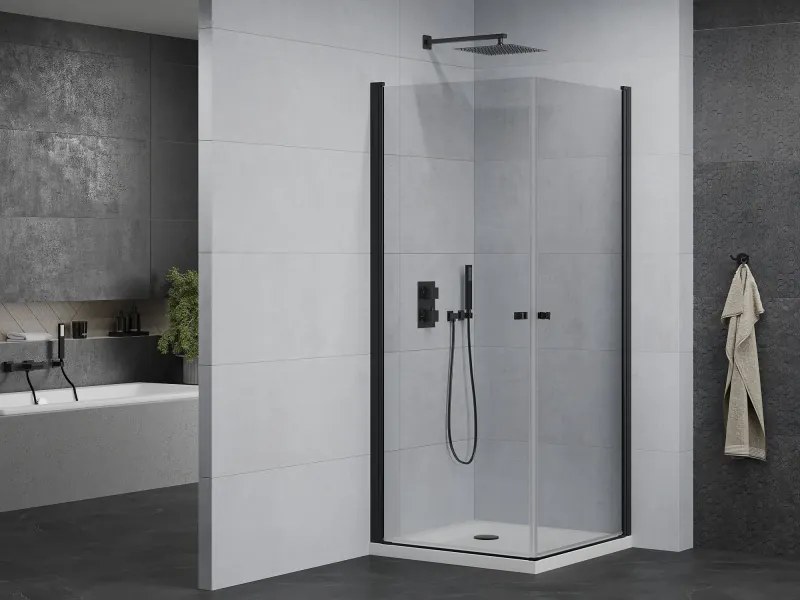 Mexen Pretoria Duo, sprchovací kút s 2-krídlovými dverami 80 (dvere) x 80 (dvere) cm, 6mm číre sklo, čierny profil + slim sprchová vanička 5cm biela s čiernym sifónom, 852-080-080-70-02-4010B