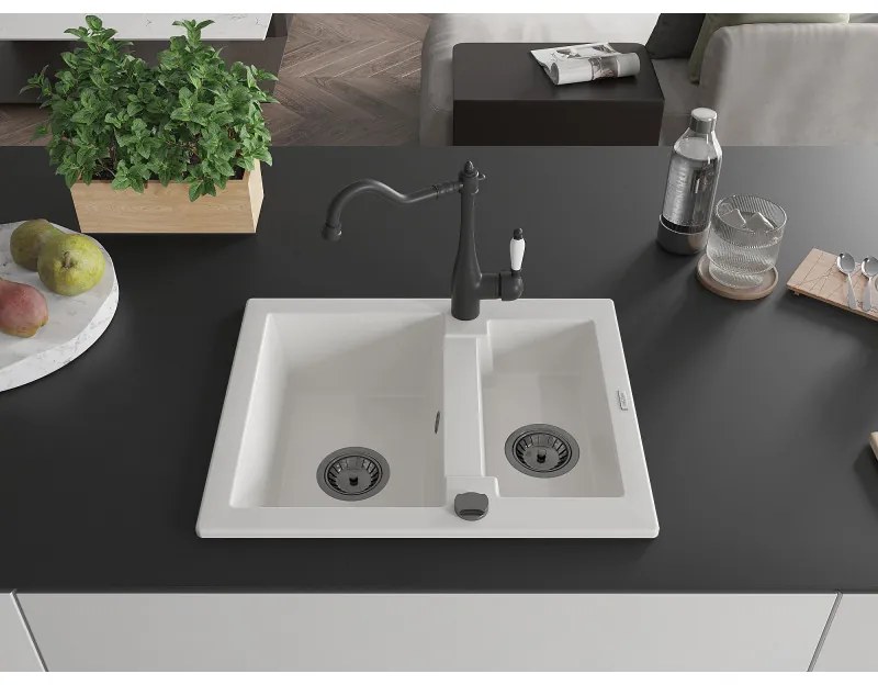 Mexen Carlos, granitový drez 582x475x177 mm, 1,5-komorový a drezová batéria Carla, biela, 6518-20-670700-70