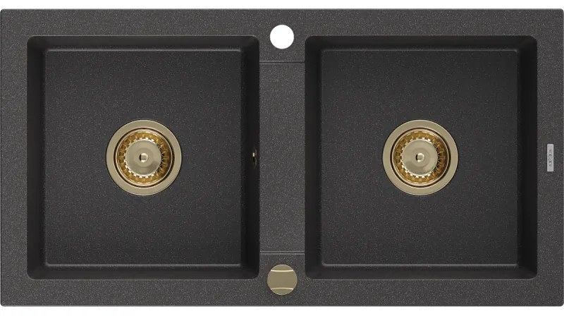 Mexen Mario, granitový drez 820x436x161 mm, 2-komorový, čierna škvrnitá so zlatým sifónom, 6504822000-76-G