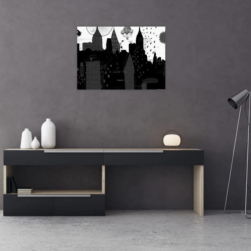 Sklenený obraz - Mesto s nápismi a vzormi (70x50 cm)