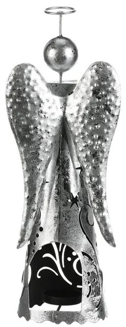 Vianočná kovová dekorácia Anjel na čajovú sviečku, strieborná