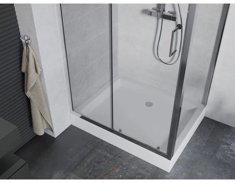 Mexen Apia, sprchový kút s posuvnými dverami 120 (dvere) x 90 (stena) cm, 6mm číre sklo, chrómový profil + biela sprchová vanička RIO, 840-120-090-01-00-4510