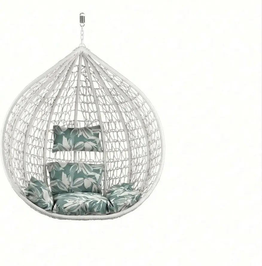 Biele závesné kreslo KOKON bez stojanu, zeleno-biely vankúš