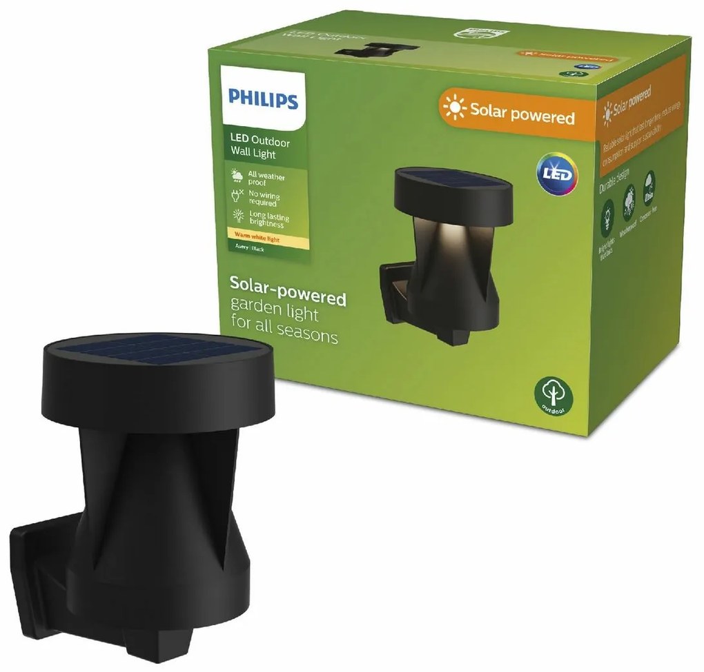 Philips Avery vonkajšie solárne nástenné svietidloLED čierne, 1,8 W, 200 lm, 2700 K