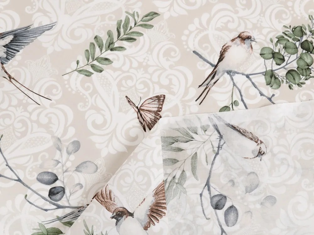Biante Bavlnený záves Sandra SA-490 Lastovičky s motýlikmi na béžovom ornamente 150x180 cm