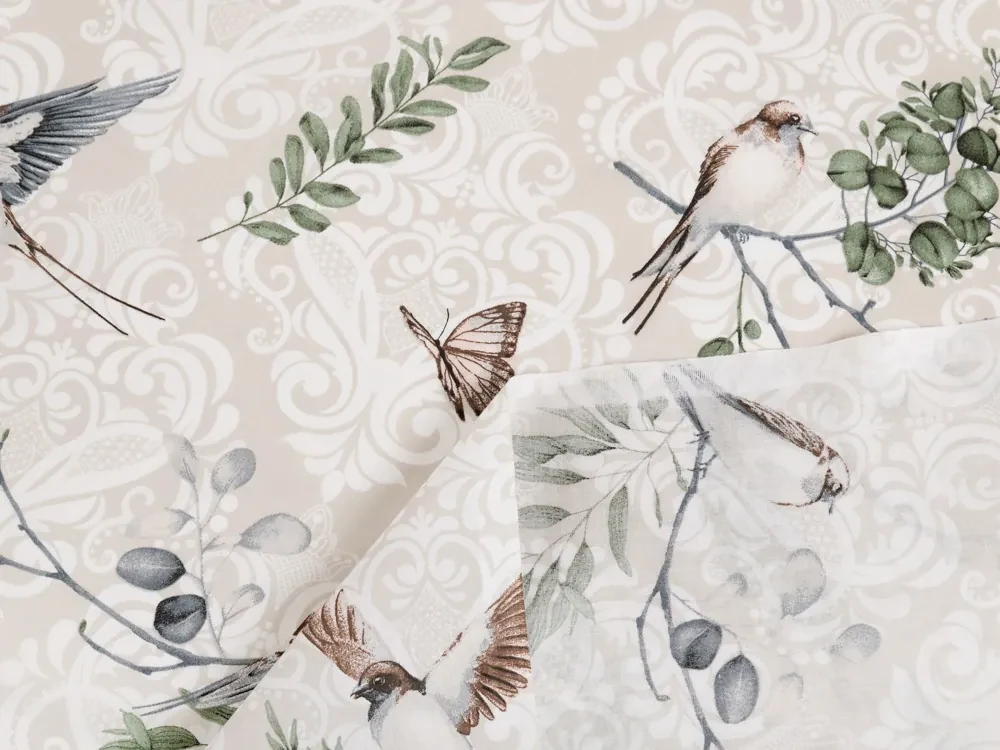 Biante Detský bavlnený záves Sandra SA-490 Lastovičky s motýlikmi na béžovom ornamente 150x210 cm