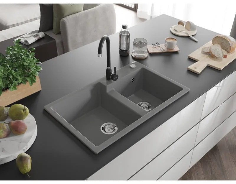 Mexen Tomas, granitový drez 800x500x190 mm, 2-komorový a čierna batéria Telma, šedá, 6516-71-670200-70