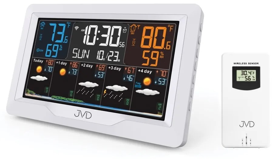 Farebná rádiom riadená meteorologická stanica s budíkom JVD RB3390.2, biela
