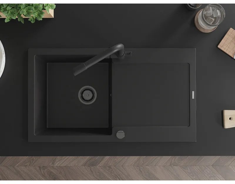 Mexen Leo, drez granitový 900x500x190 mm, 1-komorový a čierna batéria Duero, čierna, 6501-77-671600-70-B