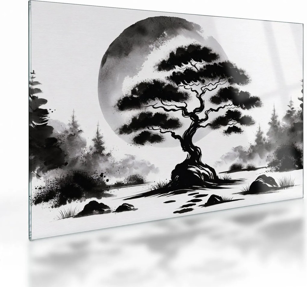 Sklenený obraz – Čiernobiela bonsai (70x50 cm)