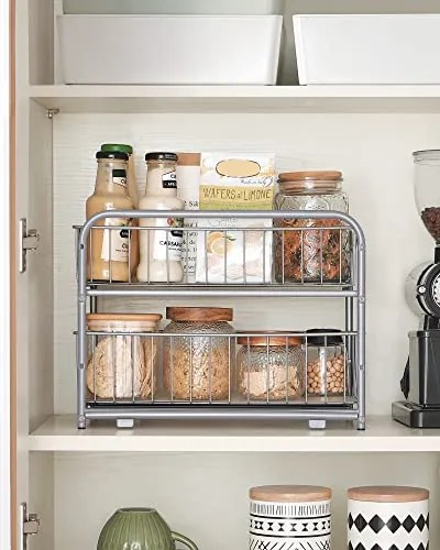 Organizér do kuchyne, 2 výsuvné košíky, stohovateľný, strieborný, 31,5x21x36,5cm