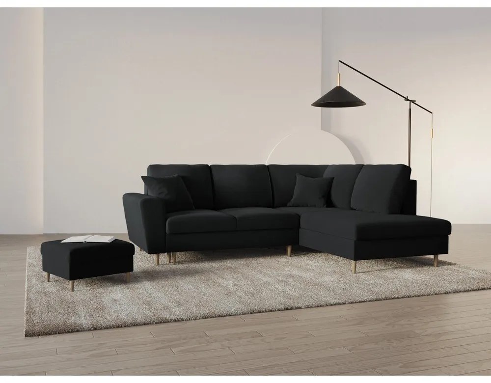 Čierna zamatová rozkladacia/s úložným priestorom rohová pohovka (pravý roh/do L) Kyoto – Cosmopolitan Design