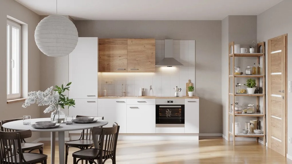 Kuchynská linka Naturel 270 cm lesk biela/dub so spotrebičmi Electrolux EASYBLOK3EL