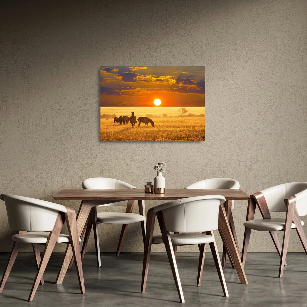 Sklenený obraz - Zebry so západom slnka (70x50 cm)