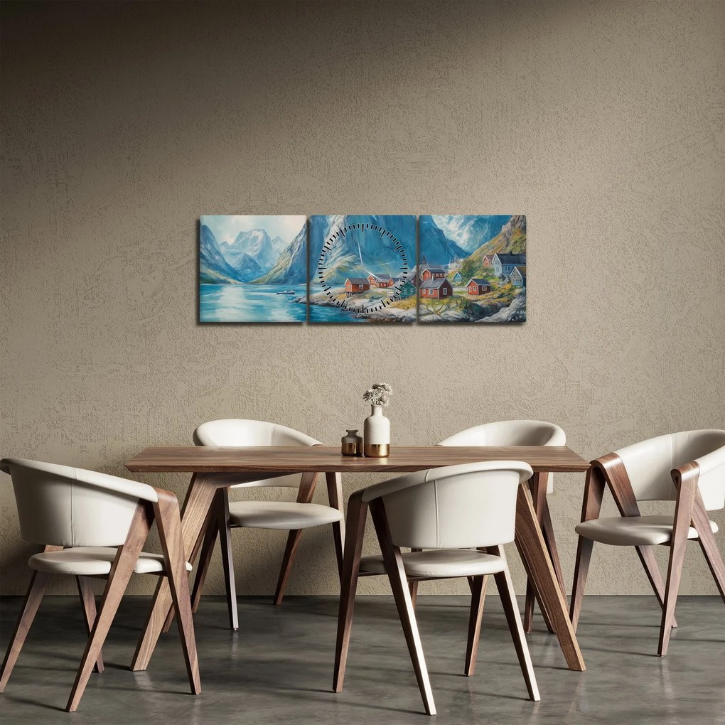 Obraz - Nórska dedinka (s hodinami) (90x30 cm)