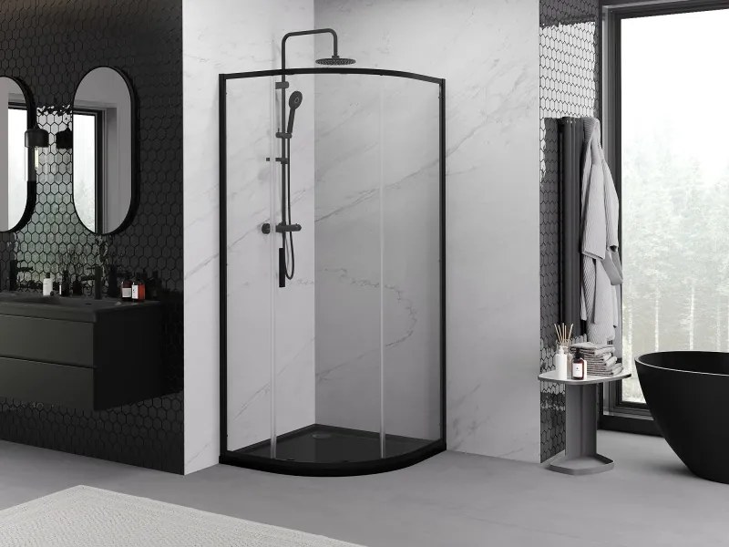 Mexen Exo, štvrťkruhový sprchovací kút s posuvnými dverami 70 x 70 cm, 6mm číre sklo, čierny profil, 8131-070-070-70-00
