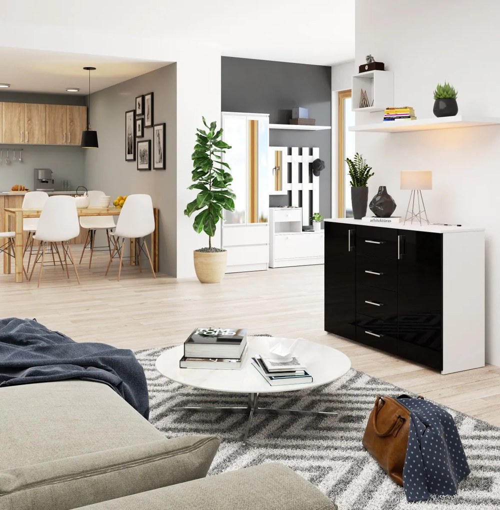 Komoda Torvi K 110 cm biela/čierna lesklá