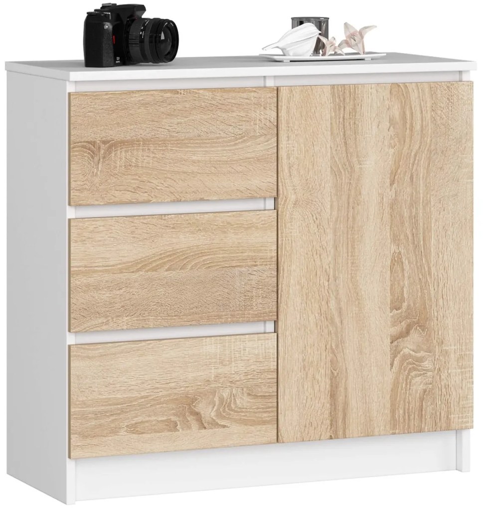 Komoda JERRY K 80 cm 1 dvere 3 zásuvky biela/dub sonoma