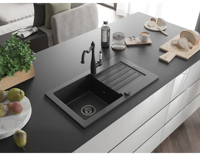 Mexen Pablo, granitový drez 752x436x161 mm, 1-komorový a drezová batéria Carla, čierna, 6510-77-670700-70-B