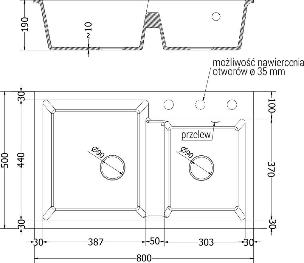 Mexen Tomas, granitový drez 800x500x190 mm, 2-komorový a čierna batéria Telma, čierna-zlatá metalíza, 6516-75-670200-70