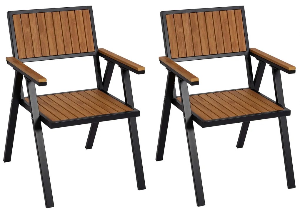 Set 2 záhradných stoličiek HWC-J95, hliník imitácia dreva - čierny rám, teak