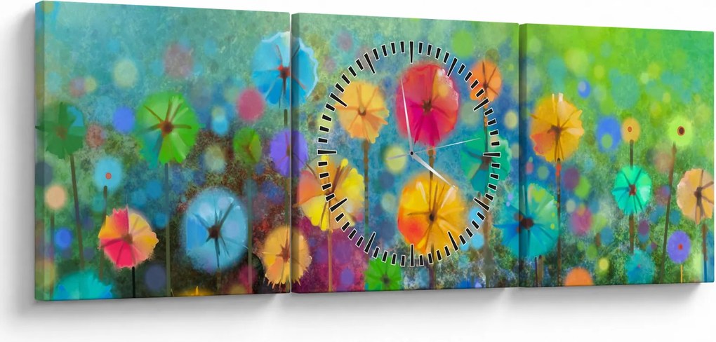 Obraz - Abstraktné kvety (s hodinami) (90x30 cm)