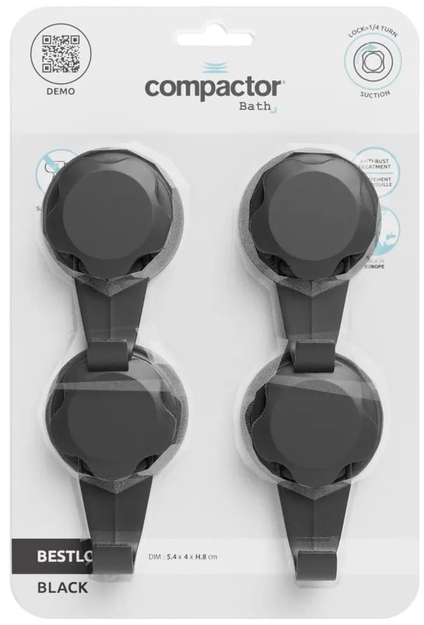 Súprava 4 čiernych samodržiacich nástenných háčikov Compactor Bestlock Black Small Hooks, ⌀ 5,4 cm