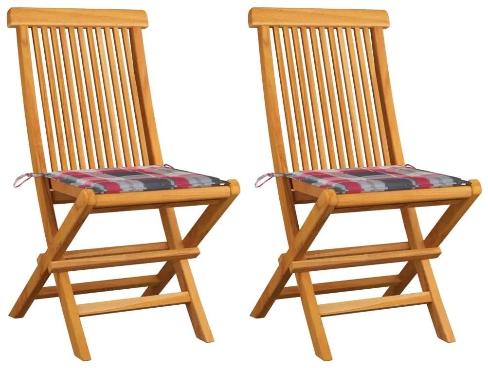Záhradné stoličky+sivé kockované podložky 2 ks, tíkový masív 3062473