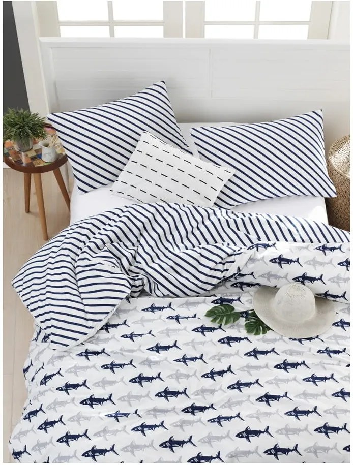 Obliečky na jednolôžko z ranforce bavlny Mijolnir Shark Dark Blue & White, 140 × 200 cm