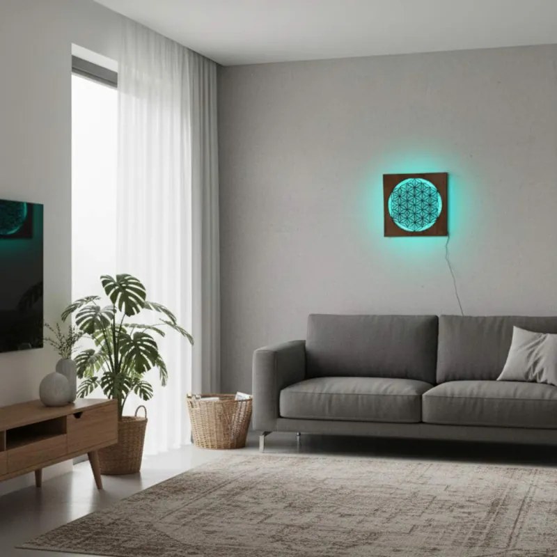 Drevená mandala Kvet života s LED podsvietením obraz na stenu  | SENTOP LED0198