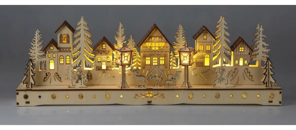 Vianočná svietiaca dedinka, 15 LED, 45 x 5,8 x 15 cm, prírodná, drevo