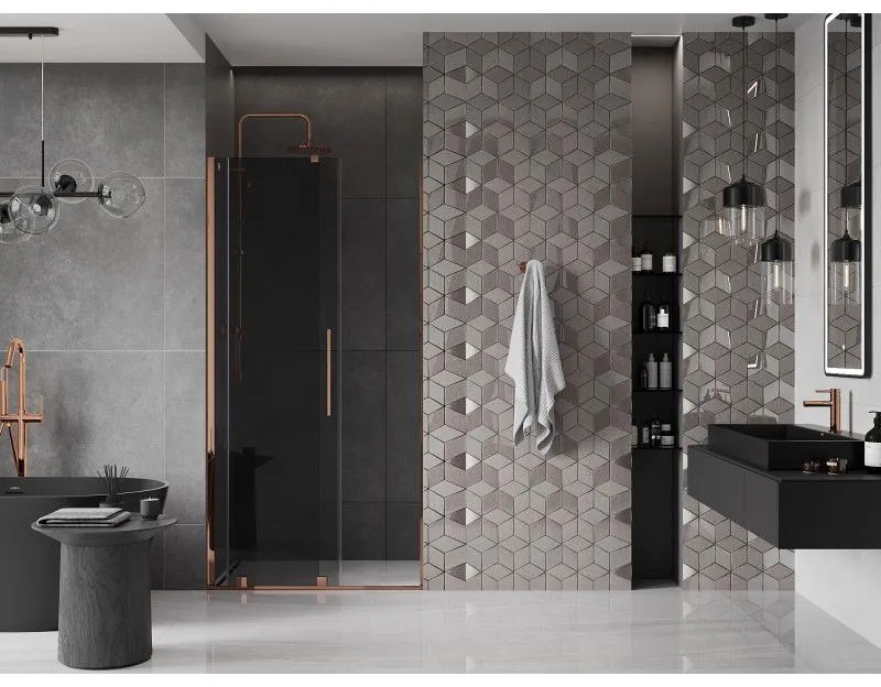 Mexen Velar, posuvné sprchové dvere do otvoru 120 cm, 8mm šedé sklo, ružové zlato, 871-120-000-41-60