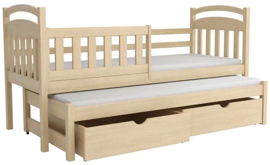 Detská posteľ z masívu borovice KAŠPAR s prístelkou a šuplíkmi - 200x90 cm - PRÍRODNÁ BOROVICA
