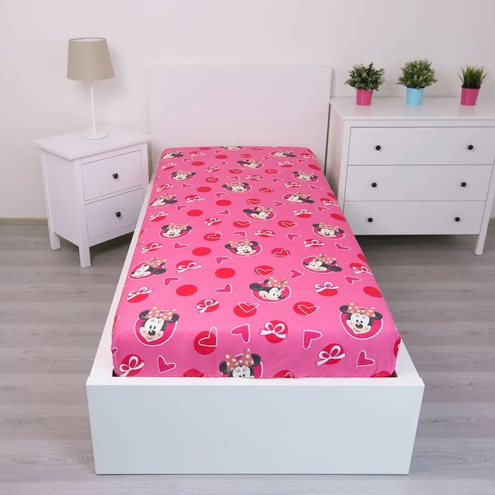 Ružová napínacia bavlnená detská plachta 90x200 cm Minnie "Hearts" – Jerry Fabrics