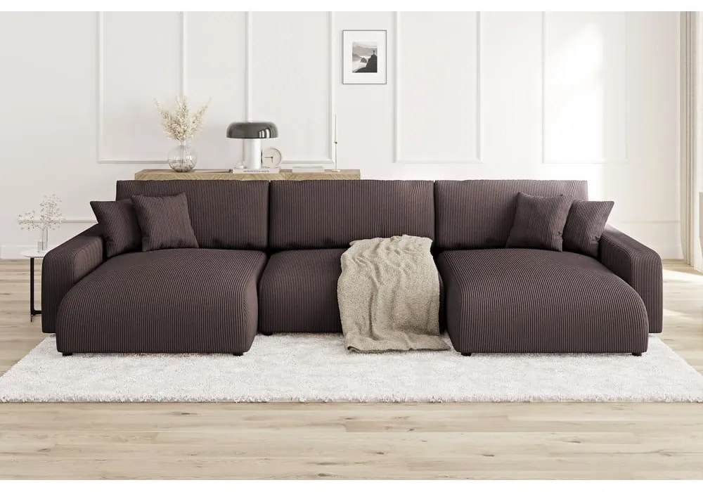 Hnedá menčestrová rozkladacia/s úložným priestorom rohová pohovka Sara – Ropez