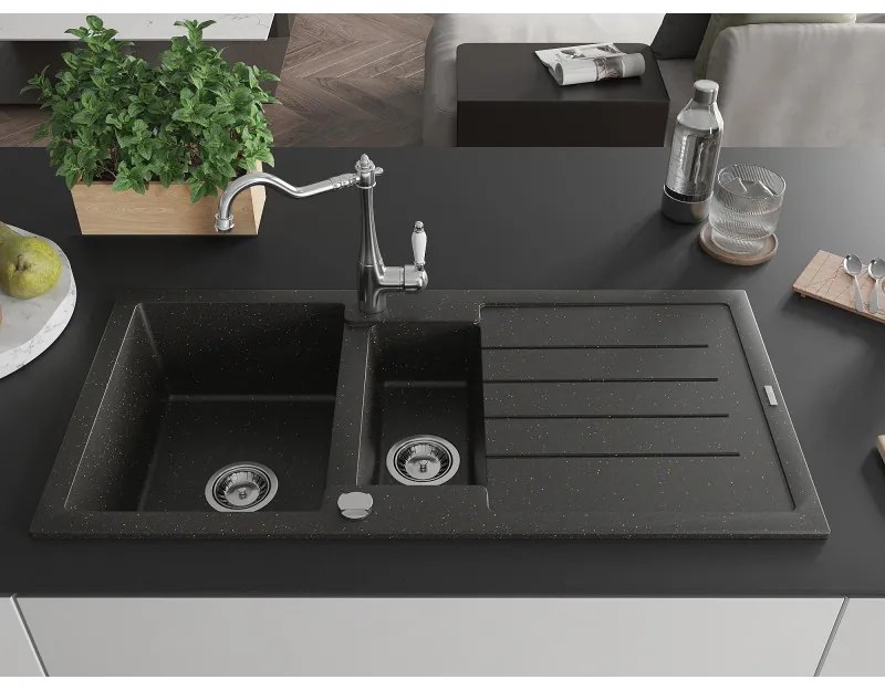 Mexen Andres, granitový drez 1000x500x200 mm, 1,5-komorový a drezová batéria Carla, čierna-zlatá metalíza, 6515-75-670700-00
