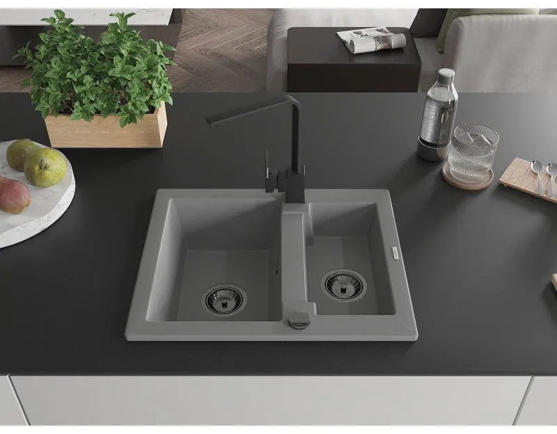 Mexen Carlos, 1,5-komorový granitový drez s odkvapkávačom 582x475x177 mm a čierna kuchynská batéria Rita, šedá, 6518-71-670300-70-B