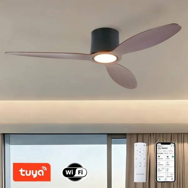 ZEVENTI - stropný LED ventilátor VENTORA LED/24W/230V Wi-Fi Tuya čierna/orech + diaľkové ovládanie