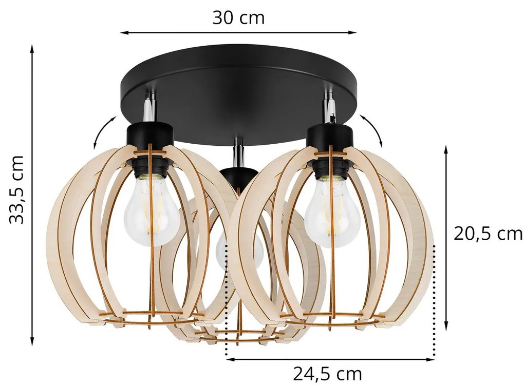 Stropné svietidlo Timber 9, 3x drevené tienidlo, op