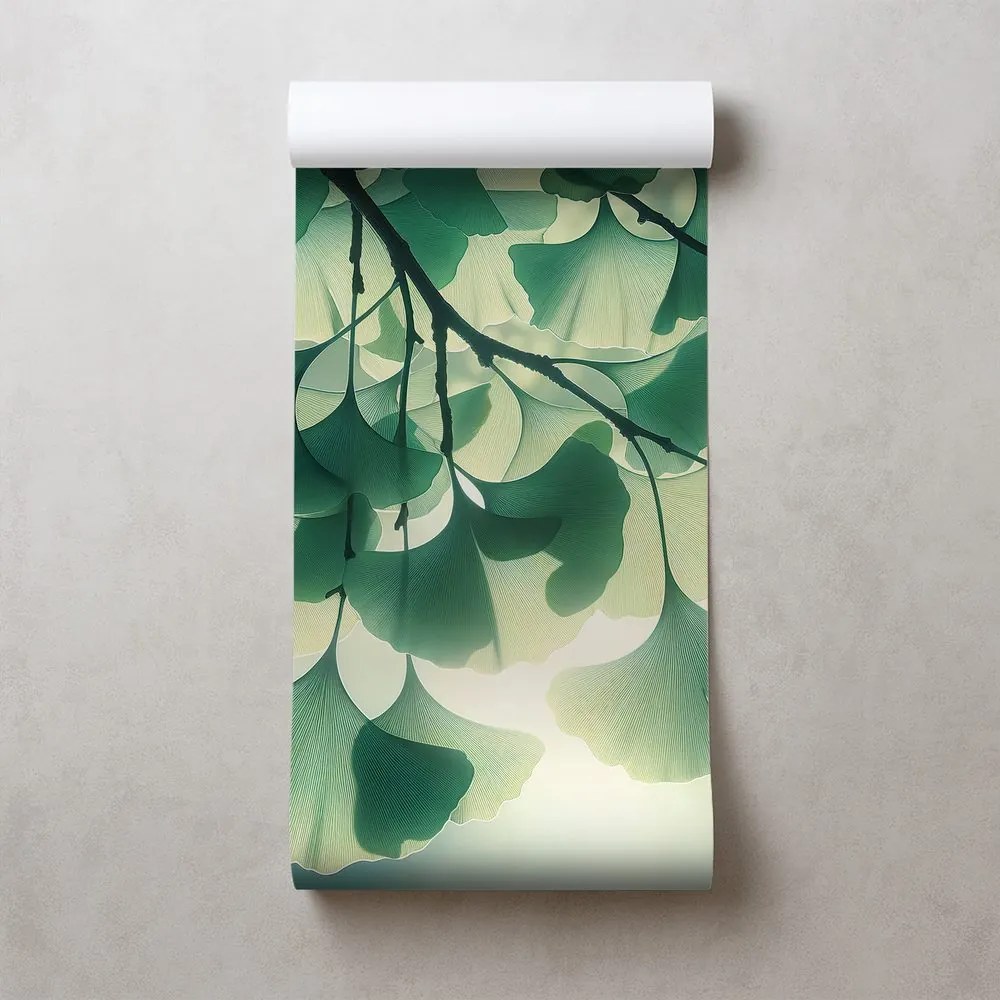 Tapeta zelené listy ginka v žiare svetla