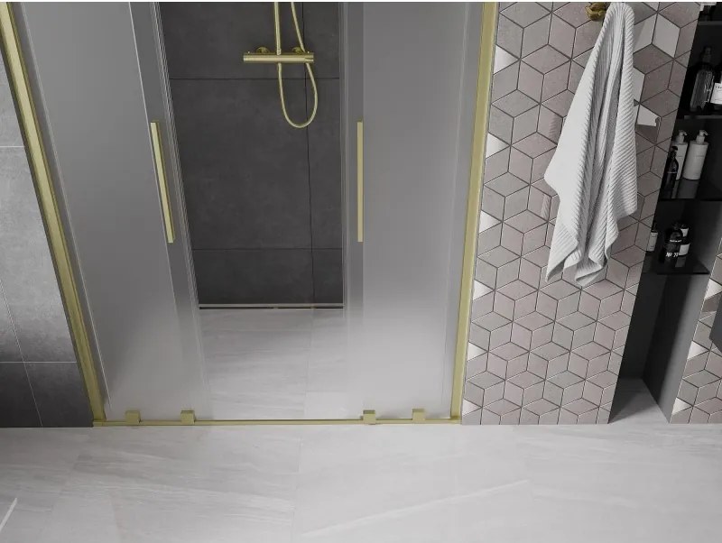 Mexen Velar L Duo, posuvné sprchové dvere do otvoru 150 cm, 8mm sklo námraza, zlatá matná, 871-150-003-32-55