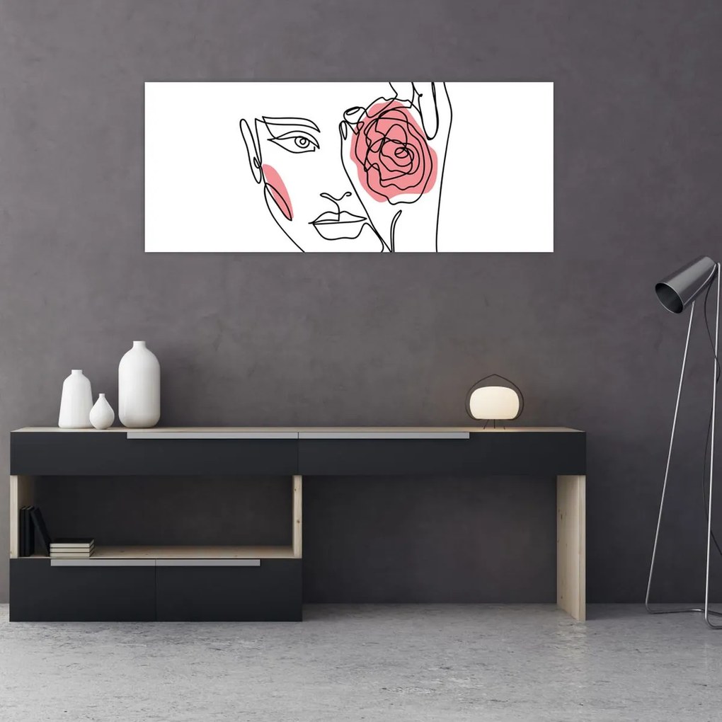 Obraz - Line art tvár s ružou (120x50 cm)