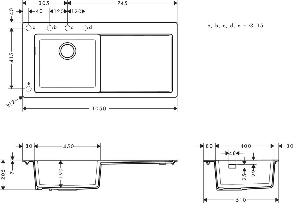 Hansgrohe S51, vstavaný drez 450 s odkvapkávacou plochou, čierny grafit, HAN-43330170