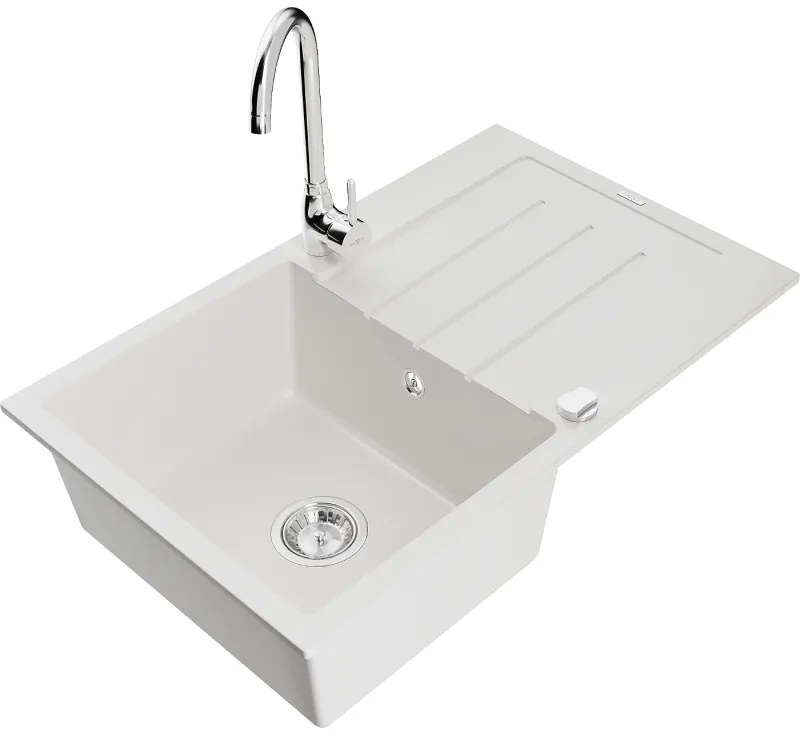 Mexen Bruno, 1-komorový granitový drez s odkvapkávačom 80x50 cm a kuchynskou batériou Telma, biela, 6513-20-670200-00