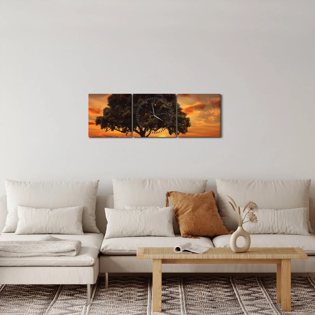 Obraz stromu pri západe slnka (s hodinami) (90x30 cm)