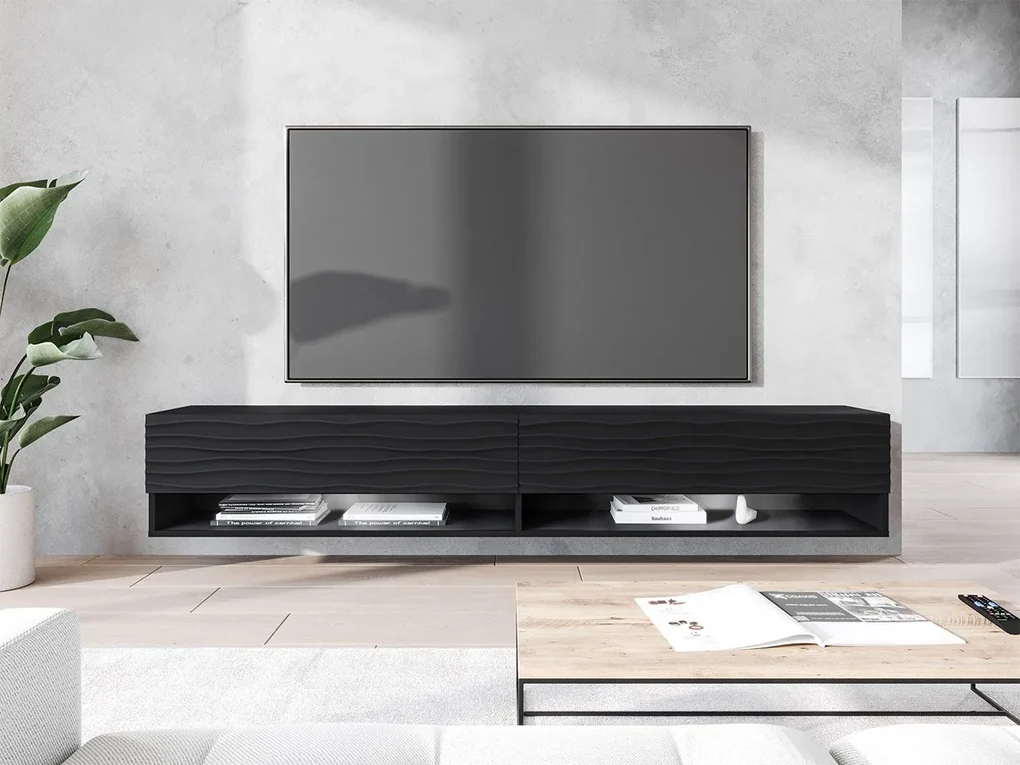 TV stolík/skrinka Adenik 180 MDF, Farby: čierny grafit / čierna fala, Osvetlenie: osvetlenie LED RGB - farebné
