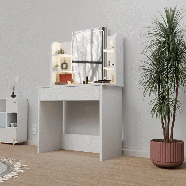 Biely toaletný stolík Zoey s LED zrkadlom a úložnými policam