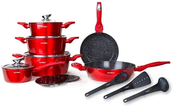 15-dielna sada riadu s mramorovým povrchom BestBerg BBN-1015R / červená