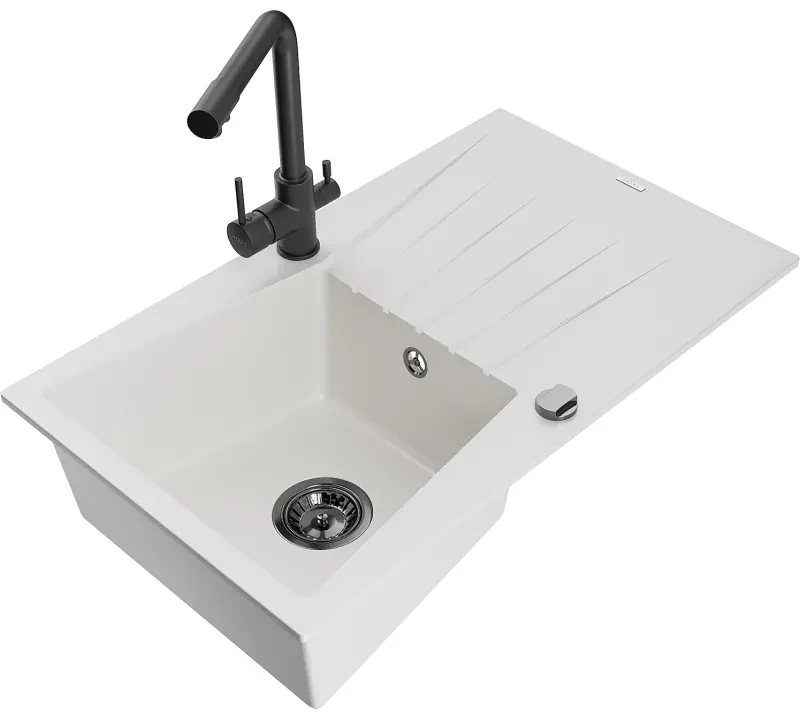 Mexen Cesar, granitový drez 775x470x190 mm, 1-komorový a čierna matná batéria Duero, biela, 6514-20-671600-70